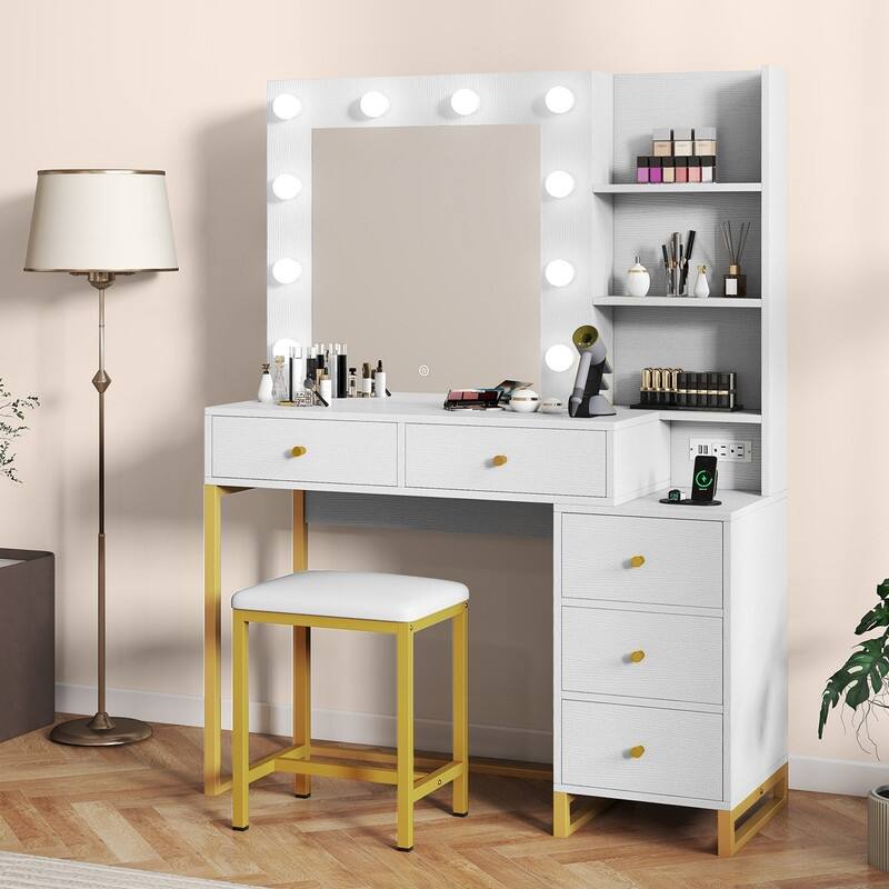 Moasis Makeup Vanity Set with Lighted Mirror & Stool, Sliding Hidden Jewelry Storage - White