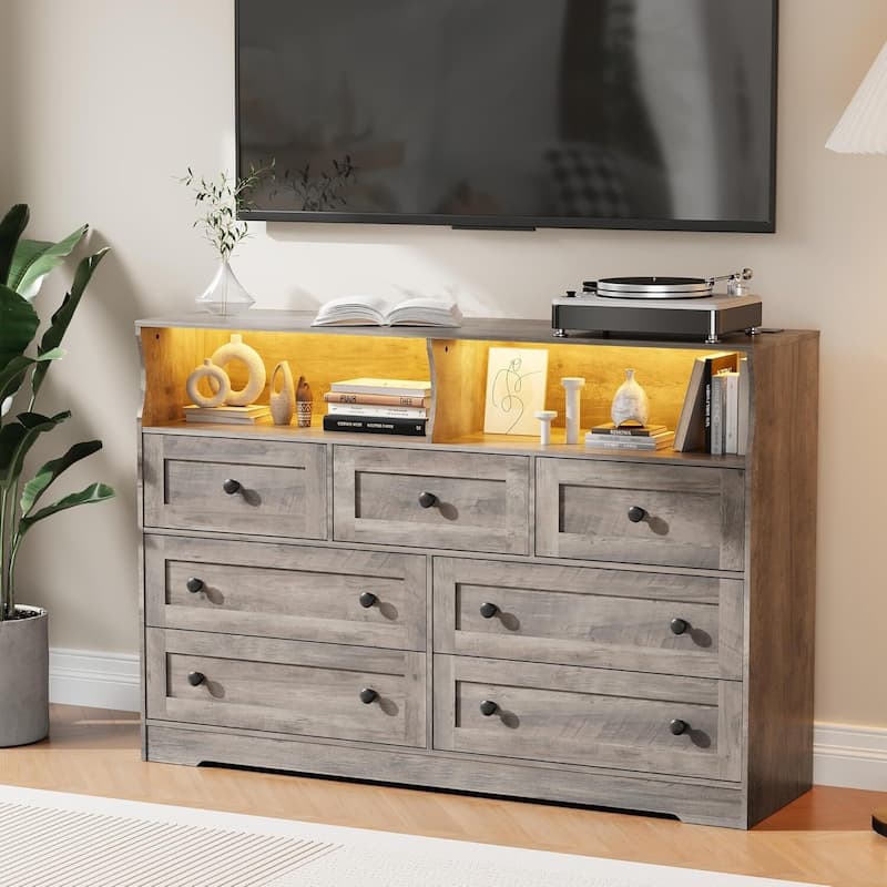 7 Drawer Dresser TV Stand for Bedroom with Charging Station & LED Lights - Grey