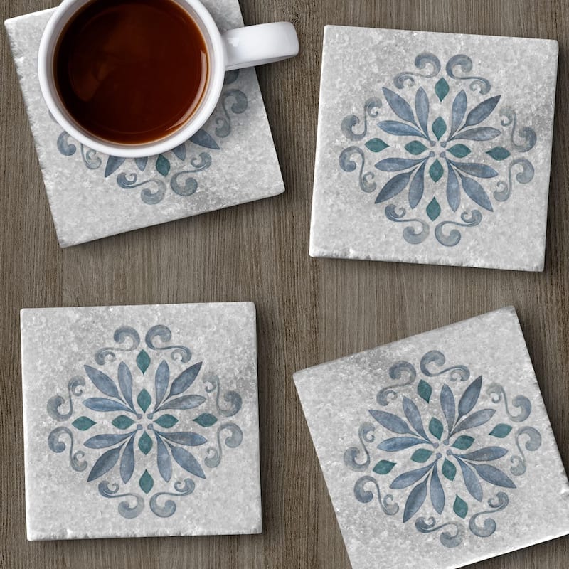 Jeweled Mandala 4 Pack Natural Marble Cork Backed Coasters 4" x 4" x 0.43" Square Manufactured in The USA