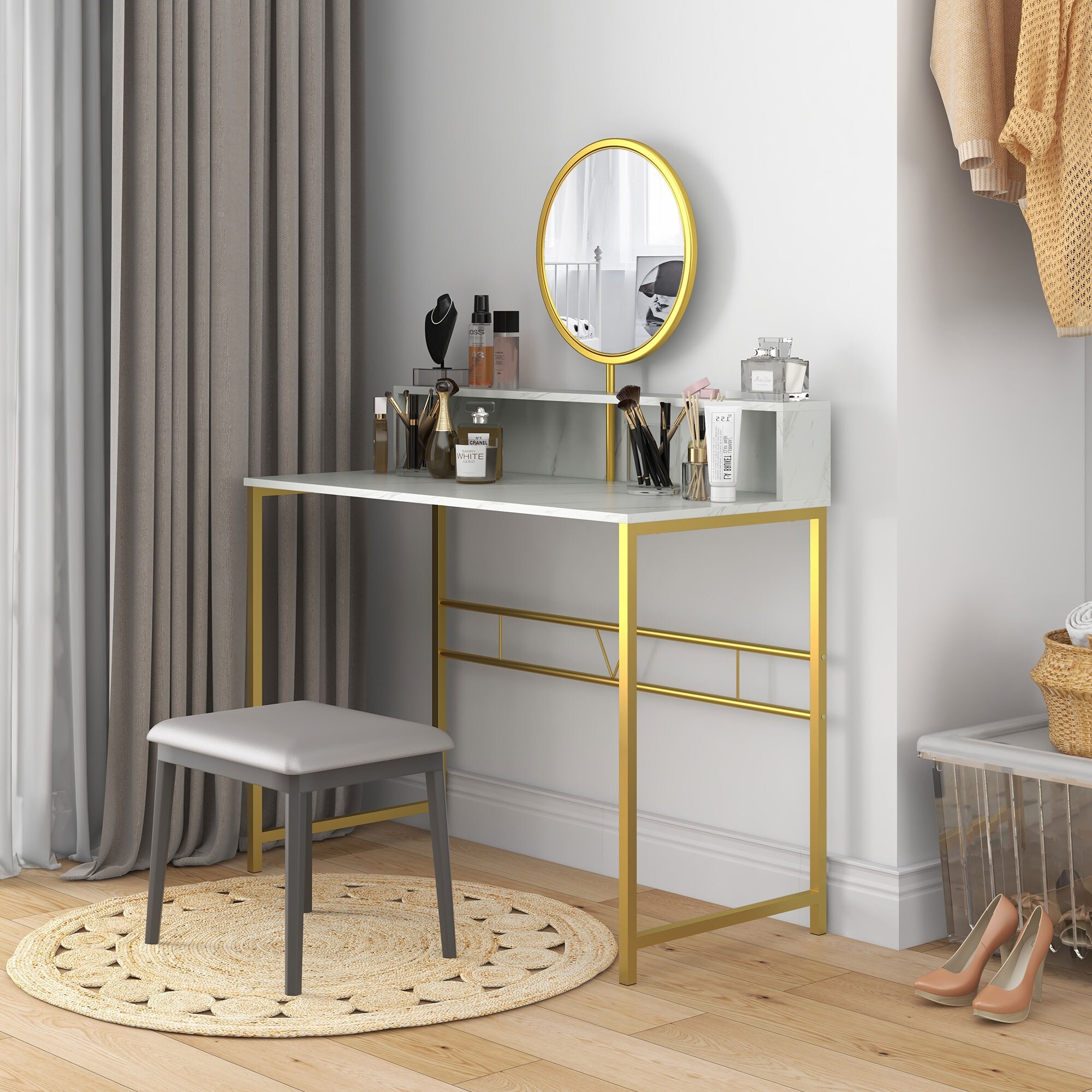 slim fit dress slacks Modern Gray Upholstered Makeup Vanity Table Expandable Dressing Table with  Cabinet-Wehomz  WEHOMZ