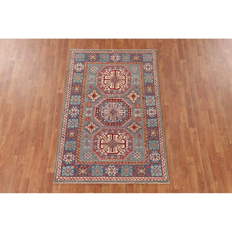 Kazak Oriental Area Rug Handmade Grey Wool Carpet - 3'10"x 5'11"