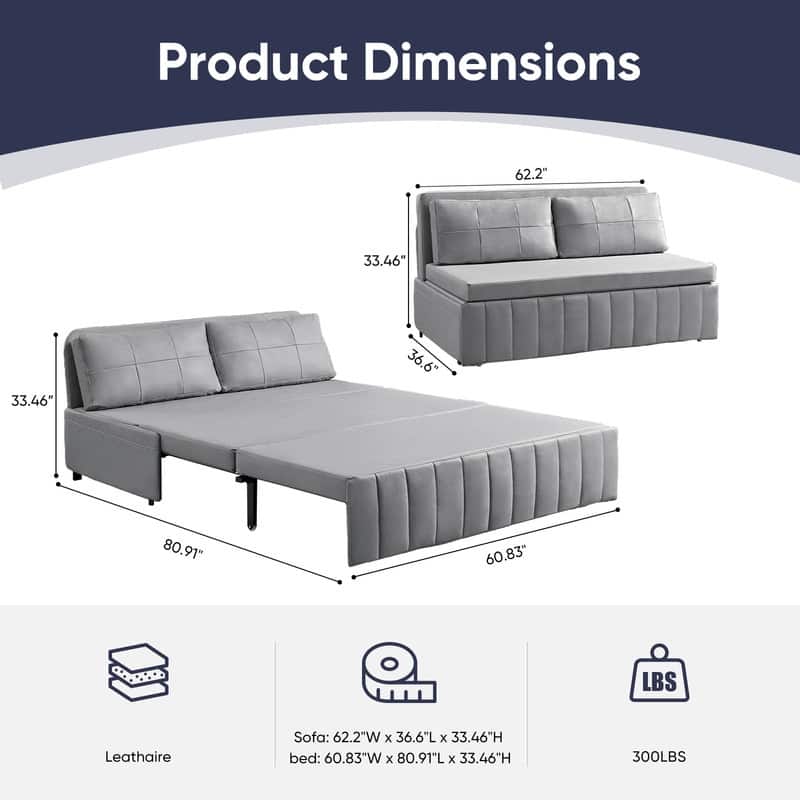 Mixoy Modern 62''Pull Out Sofa Bed,3-in-1 Pull Out Leathaire Fabric Sleeper Sofa Couch,Chaise Lounge,living room furniture