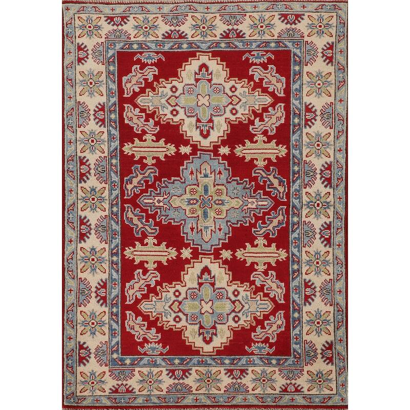 Traditional Red Kazak Rug Hand-Knotted Oriental Wool Carpet - 3'5"x 5'0"