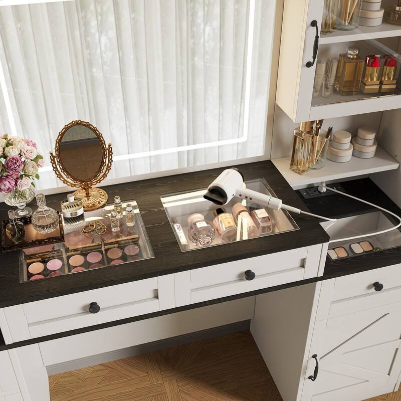 Large Makeup Vanity Desk with Mirror & Lights, Glass Top Vanity Set with Charging Station & Cabinets, Dressing Table with Stool