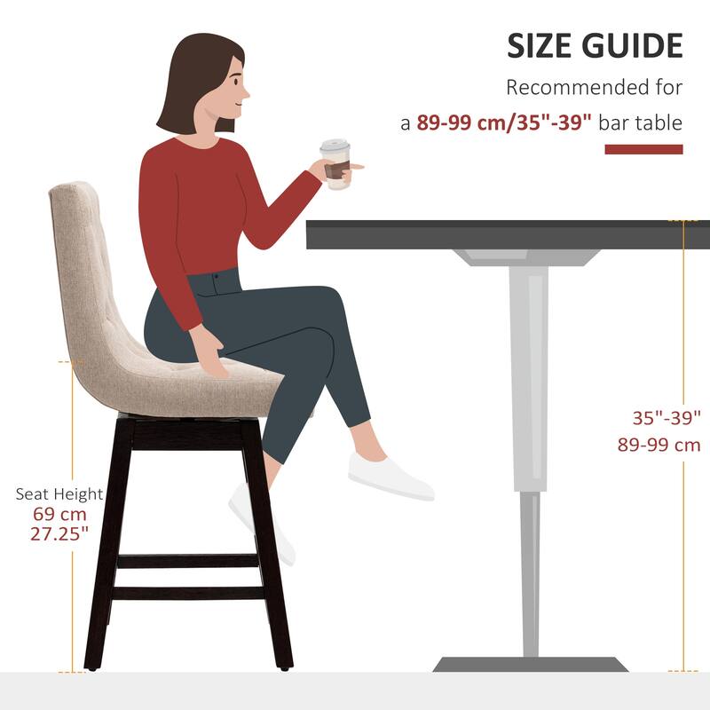 HOMCOM Bar Stools Set of 2, Swivel Bar Chairs, 25.5" High Fabric Tufted Breakfast Barstools for Kitchen Counter