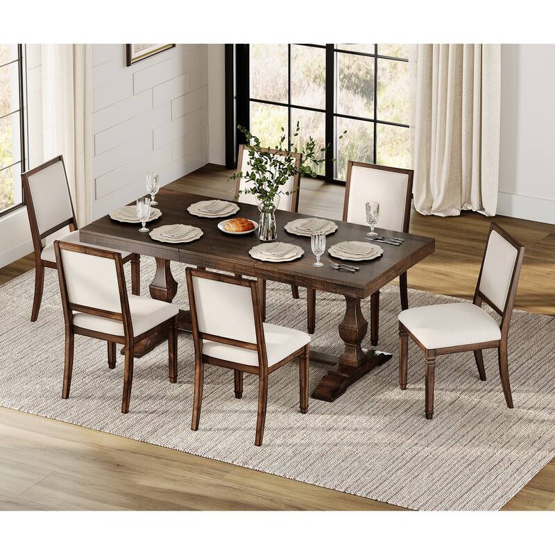 7-pieces Farmhouse Dining Table Set for 6, 74.8" Kitchen Table with Chairs, Solid Wood Legs and Upholstered Back