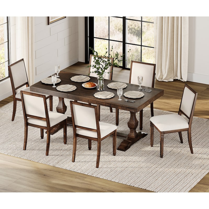 7-pieces Farmhouse Dining Table Set for 6, 74.8" Kitchen Table with Chairs, Solid Wood Legs and Upholstered Back - Espresso Brown