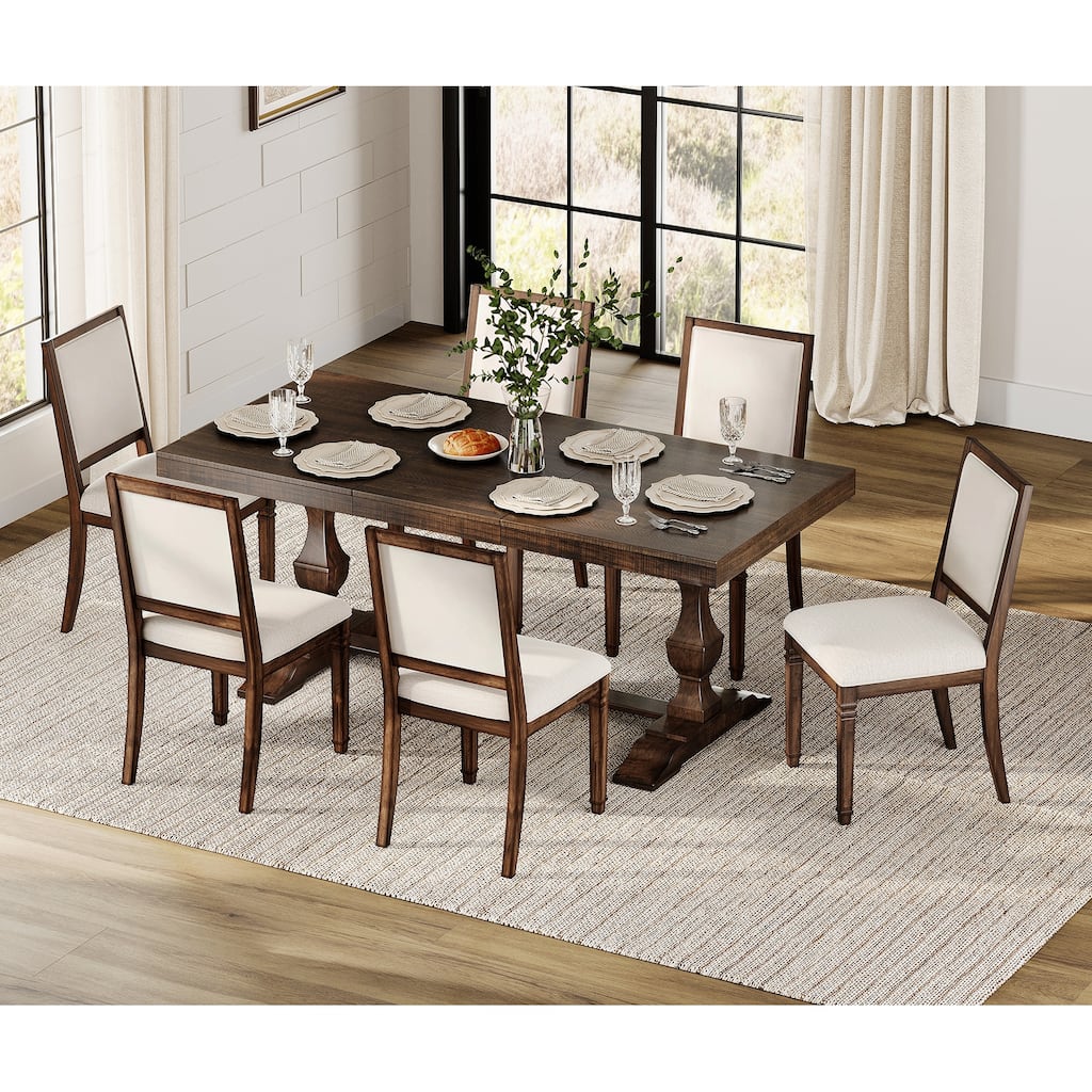 7-pieces Farmhouse Dining Table Set for 6, 74.8" Kitchen Table with Chairs, Solid Wood Legs and Upholstered Back