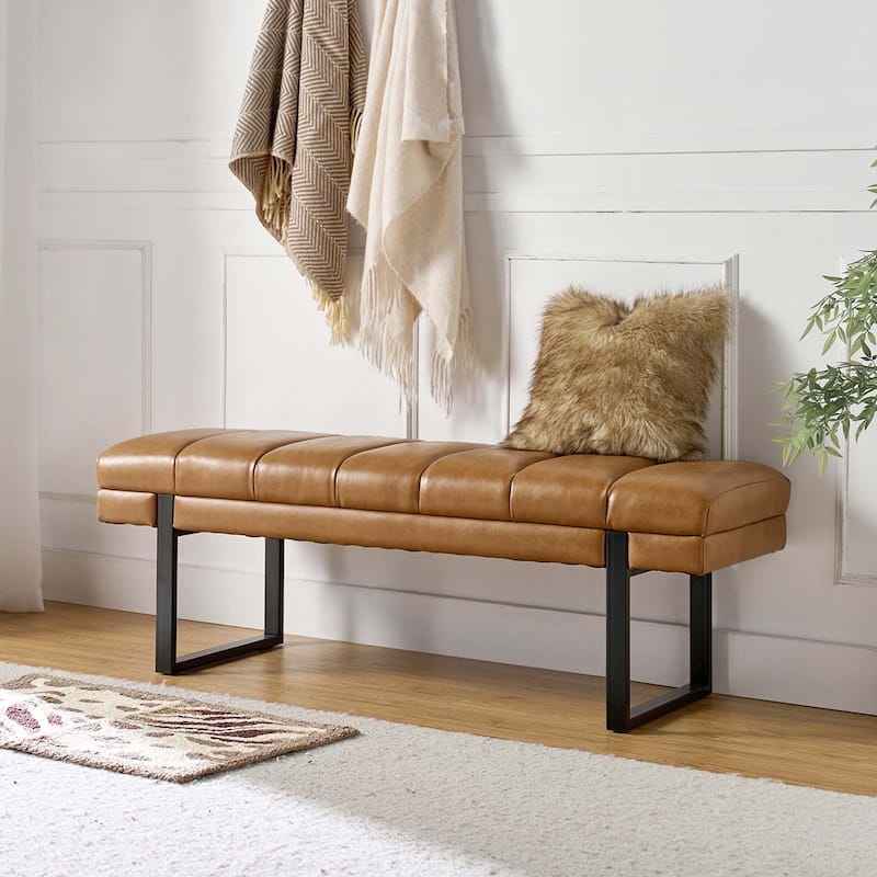 Laurens Modern 52.5''W Vegan Leather Waterproof Channel Tufted Bench with Mental Legs by HULALA HOME