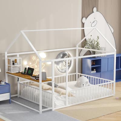 Full Size Metal House Platform Bed Frame with Built-In Desk, USB Charging And Storage Shelves
