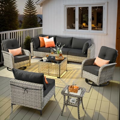 OVIOS 8 Pieces Outdoor Wicker Swivel Chair Set With Solar-Powered Coffee Table