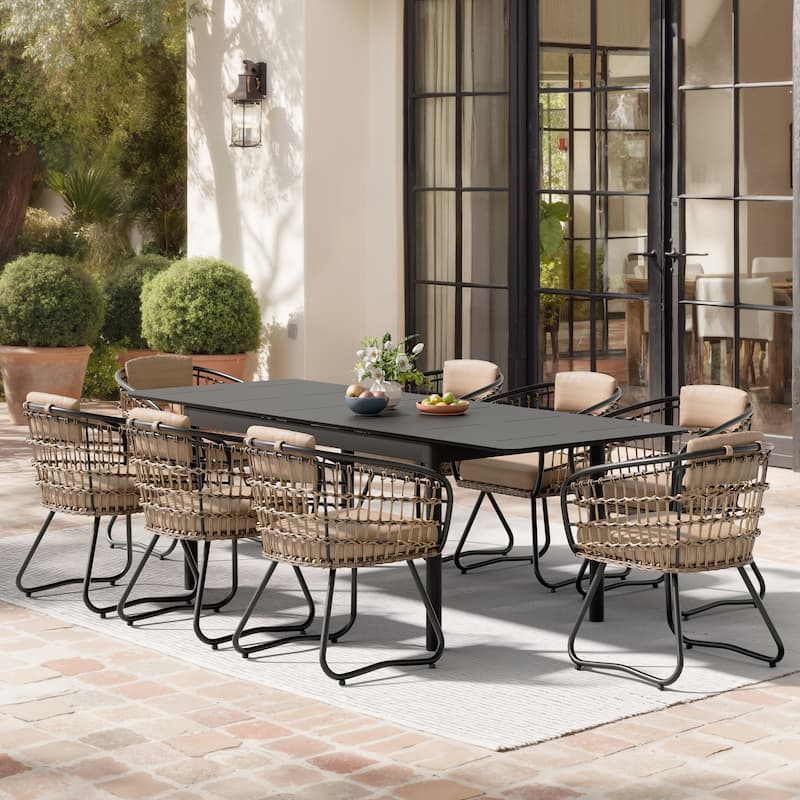 7/9PC Outdoor Aluminum Expandable Patio Dining Sets Extension Table with Rattan Chair - Table-Black&Chair-Beige-9PC