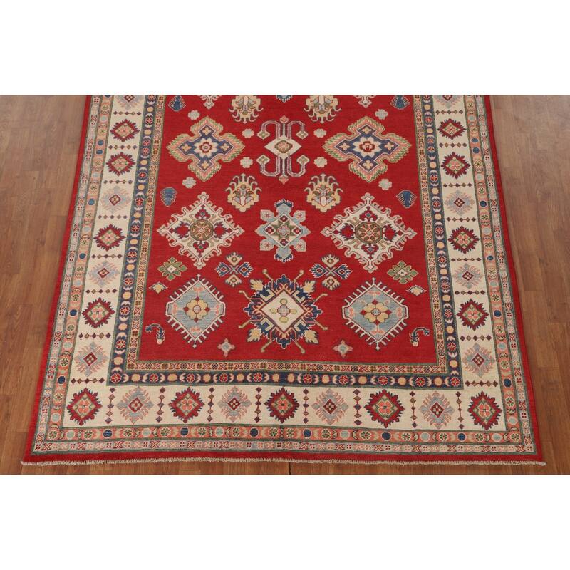 Red Geometric Kazak Living Room Area Rug Handmade Wool Carpet - 6'7" x 9'11"