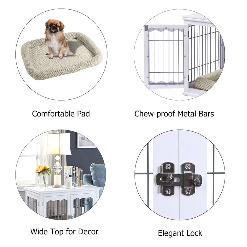 Unipaws Pet Crate End Table, Wooden Wire Dog Kennel with Pet Bed - White