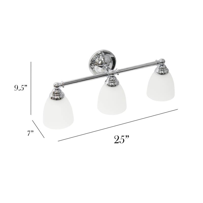 25" 3-Light Vanity Fixture - Chrome Metal & Frosted Glass Wall Mount Light - Bathroom, Hallway Decor - 10