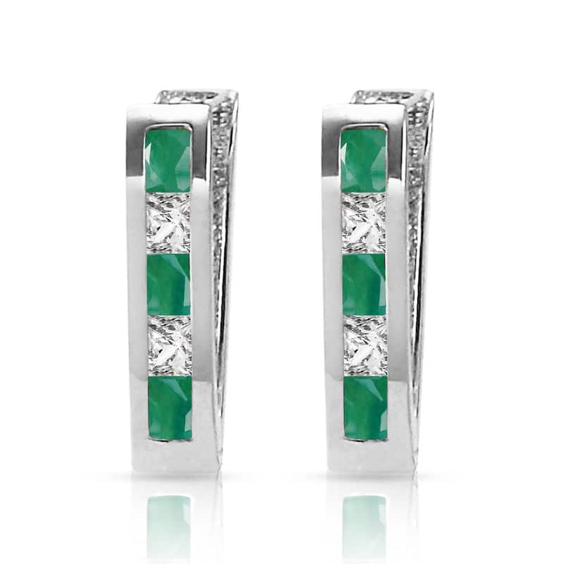 1.26 Carat 14K Solid Gold Emerald White Topaz Hoop Gemstone Earrings