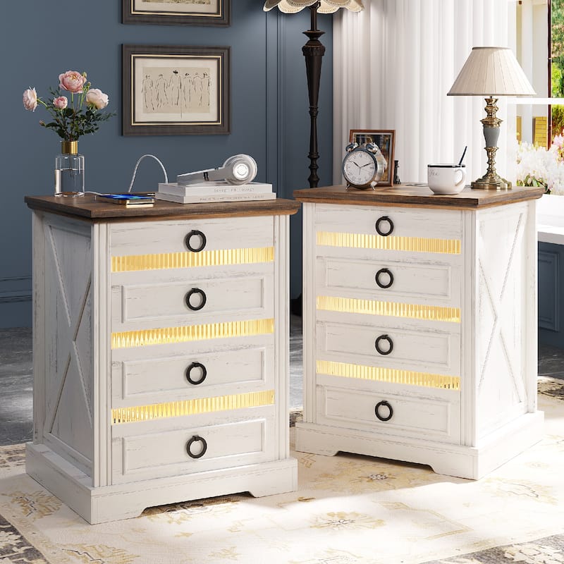 2-Drawer Nightstand With Charging Station and Gun Drawer (Set of 2) - Antique White - 4-drawer