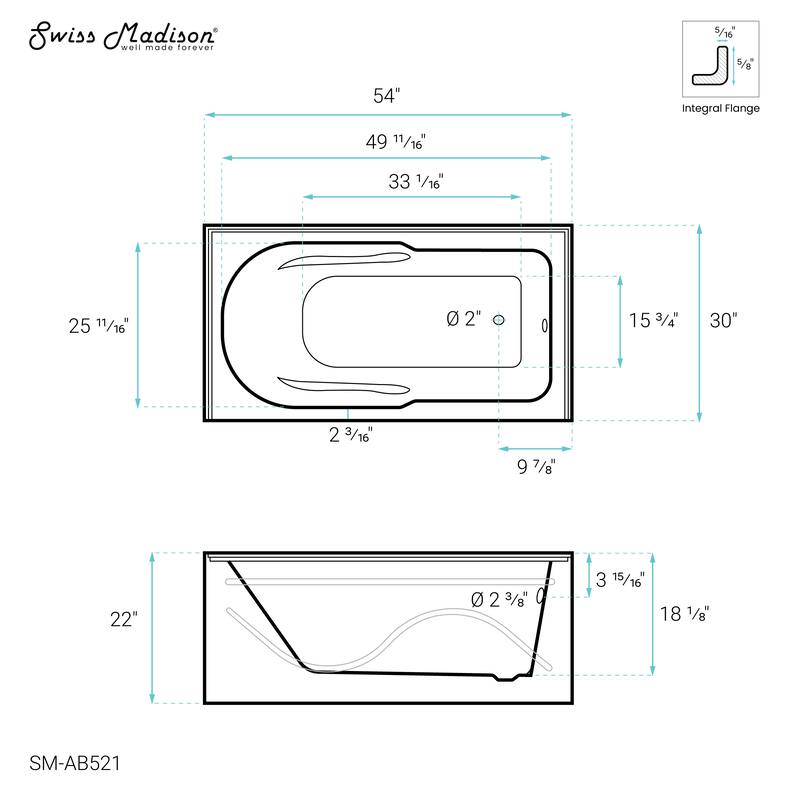 Ivy 54'' X 30 Bathtub With Apron Right Hand Drain In White - 54x31.5 Right