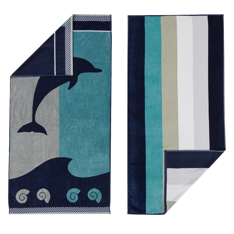 Luxurious Cotton Printed Beach Towel - 30" x 60" - Dolphin / Stripe