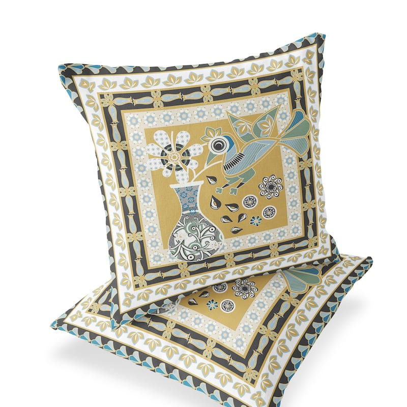 HomeRoots Set of Two 16" X 16" Beige and White Peacock Blown Seam Floral Indoor Outdoor Throw Pillow - 16.00' X '16.00' X '5.00