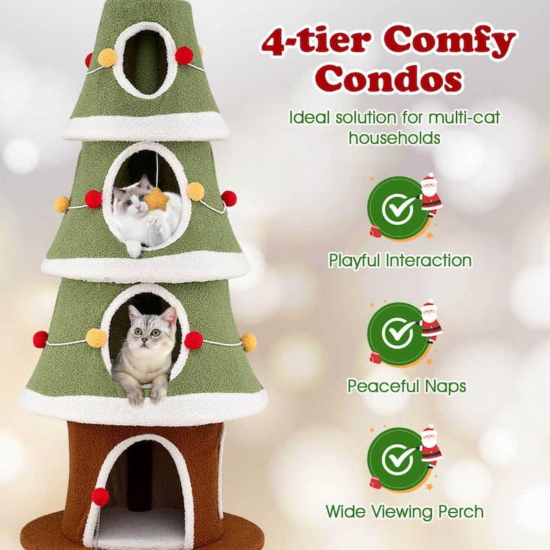 Costway 61”Large Christmas Cat Tree with 4 Condos, Sisal Carpet, - as pic shows - See Details