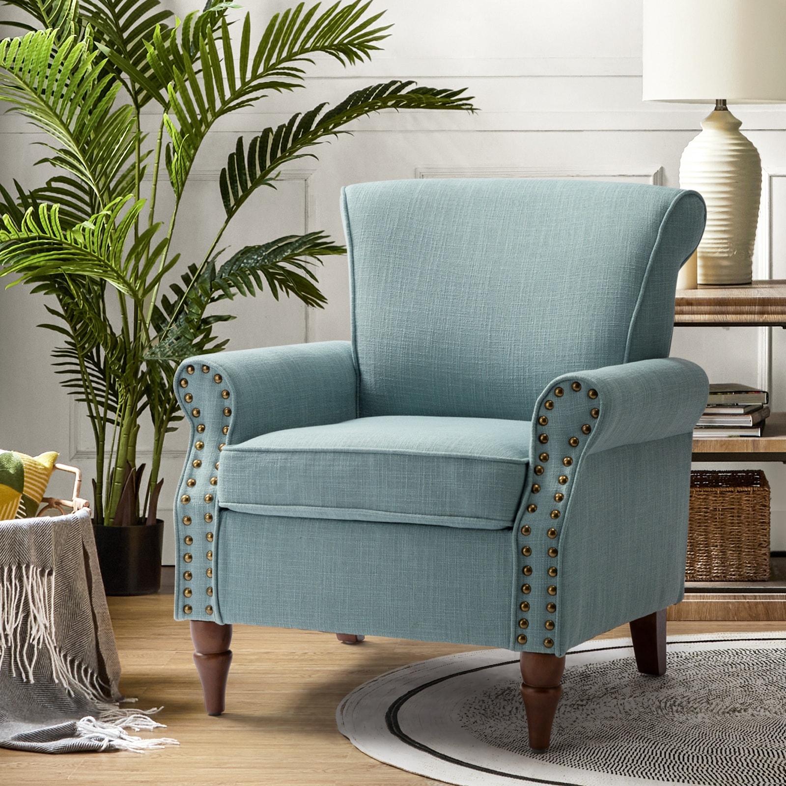 Nyctelius Upholstered Comfy Accent chair with Classic Turned Wooden Legs and Nailhead Trim by HULALA HOME