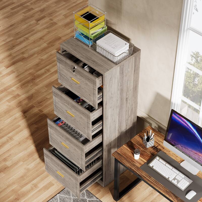 4-Drawer File Cabinet with Lock and Key, Vertical Wooden Filling Cabinet for A4/Letter/Legal Size Files