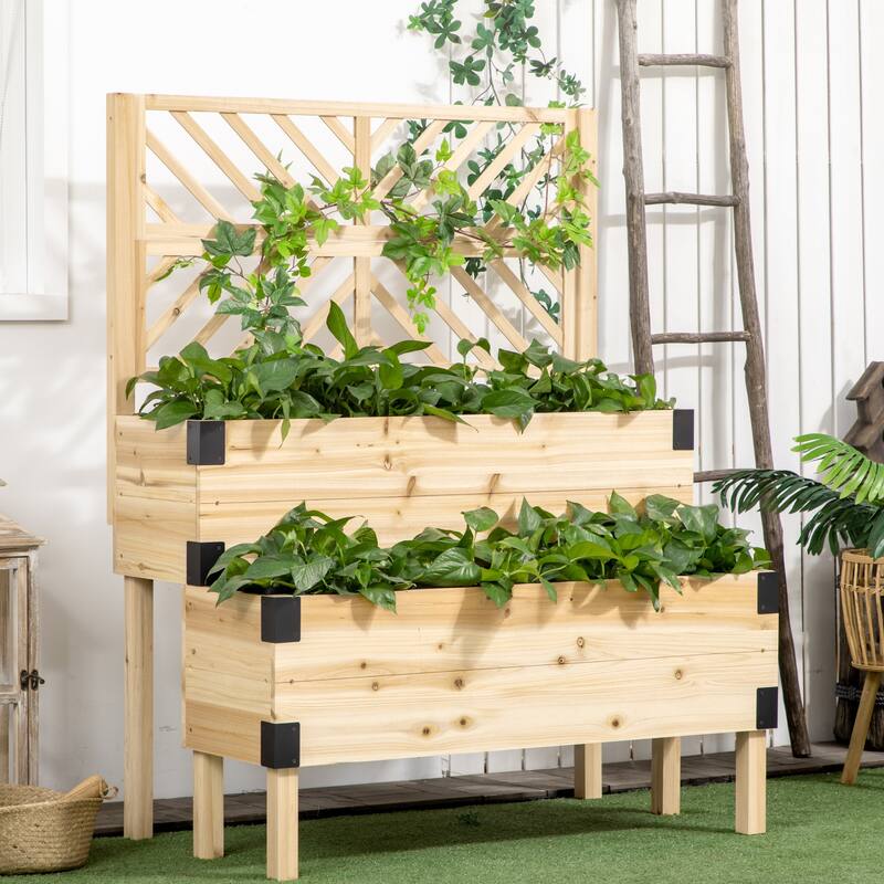 Outsunny Raised Garden Bed with Trellis, 2 Tier Wooden Elevated Planter Box with Legs and Metal Corners