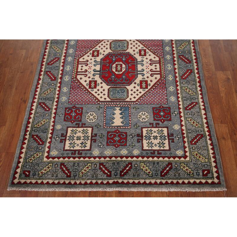 Geometric Kazak Accent Rug Hand-Knotted Wool Carpet - 3'4" x 4'10"