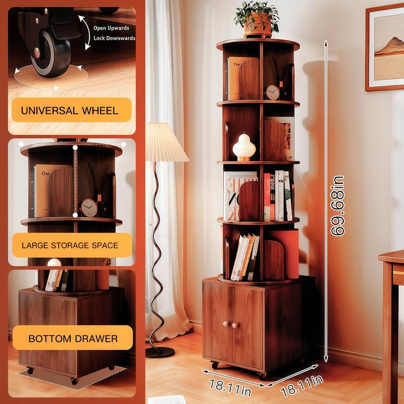 360° Rotating 5-Tier Bookshelf - Compact Corner Design with Storage Drawer for Bedroom/Living Room‌