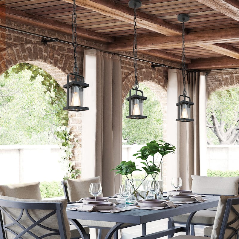 Modern Farmhouse Outdoor Patio lights Black Pendant Lighting Glass Shade Ceiling Light - Textured Black - L 6"x W 6"x H 12.5"