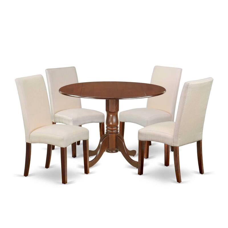Boho Kitchen Table Set 5pc Round 42" Table w/ Drop Leaves & 4 Cream Linen Chairs