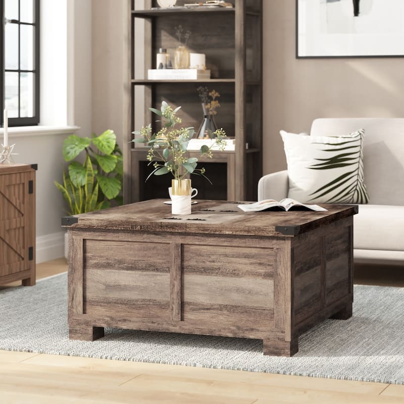 Modern Farmhouse Coffee Table with Hidden Interior Storage - Gray Wash
