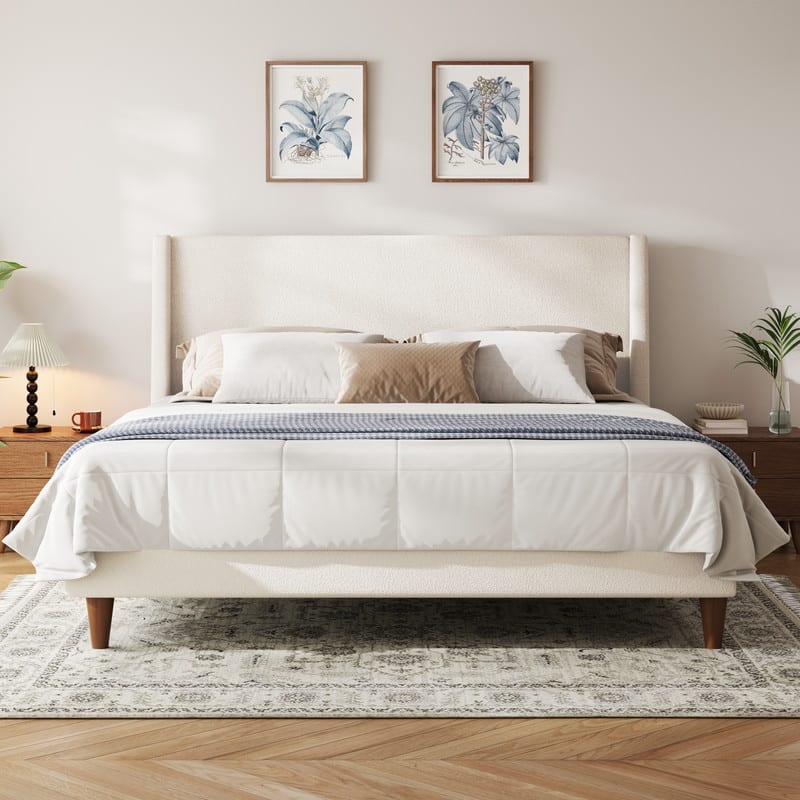Upholstered Wingback Bed Frame with Headboard and Walnut Wooden Legs, No Box Spring Needed Low Profile Platform Bed