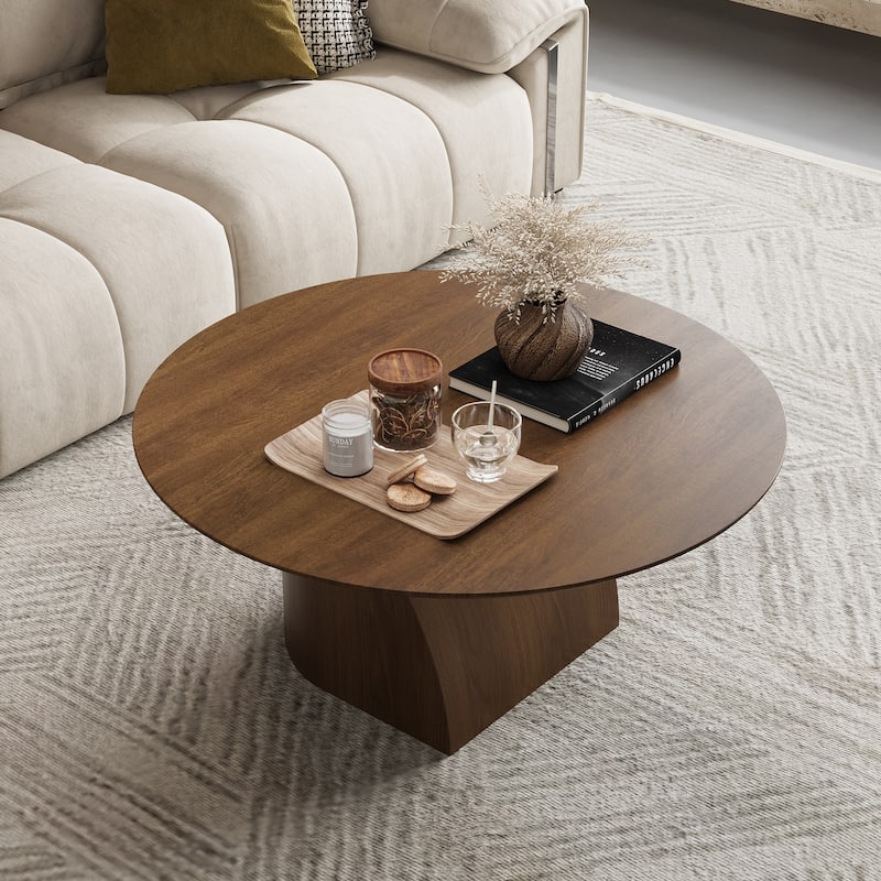 35.4" Mid-Century Modern Round Coffee Table-Solid Wood Veneer,Sturdy Curved Base