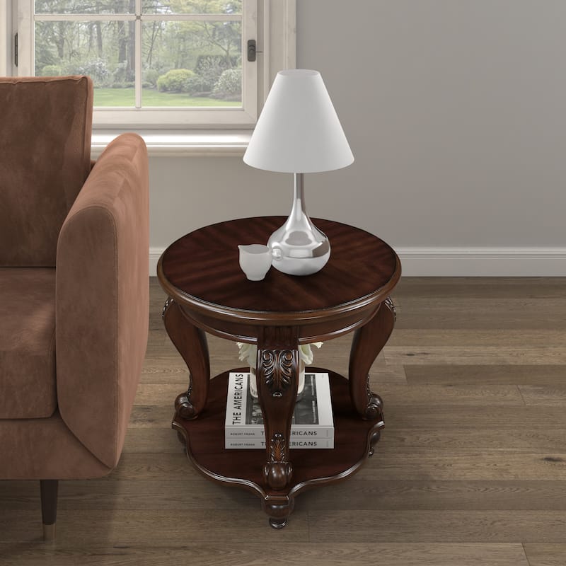 22'' Retro Round End Table,Solid Wood Sofa Side Table with Shelf,Living Room Corner Table Easy Assemble,Cherry