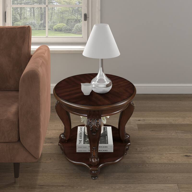 22'' Round End Table,Solid Wood Sofa Side Table with Shelf,Living Room Corner Table Easy Assemble