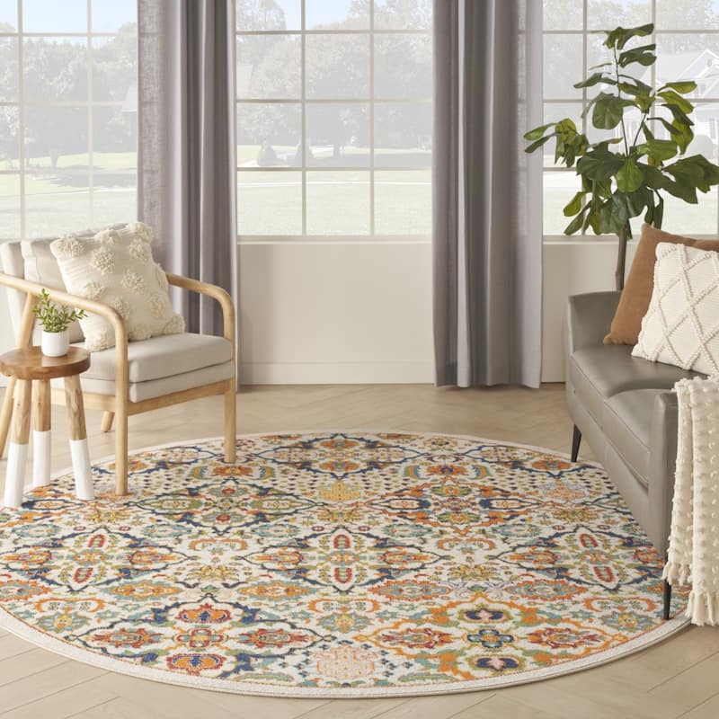Siba Power Loomed Geometric Floral Area Rug By HomeRoots - 8' Round