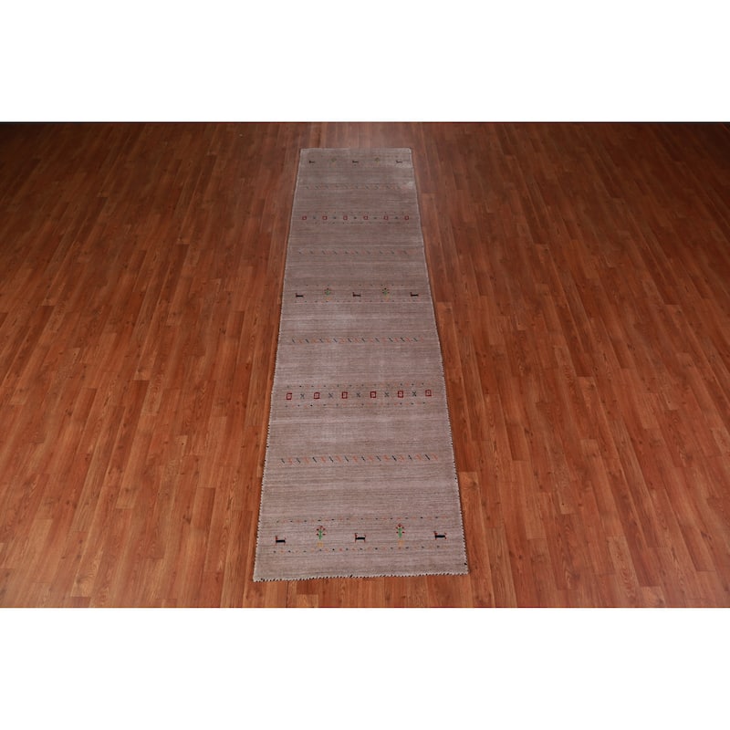 Hand Knotted Oriental 100% Wool Carpet Tribal Animal Pictorial Brown Gabbeh Runner Rug - 9' 10'' X 2' 9''
