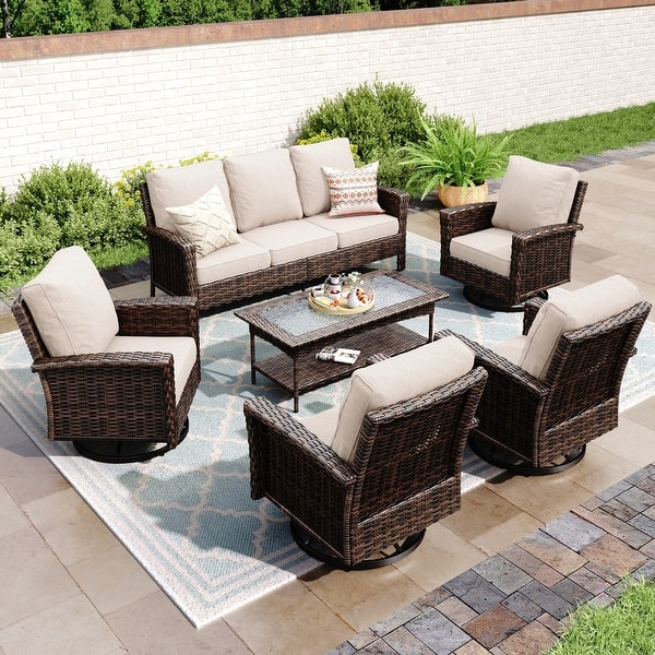slide 2 of 101, MAISON ARTS Extra-Large Patio Wicker Sofa Conversation Set with Coffee Table, Oversize Seat with 5.5'' Thick Padded Cushion 7 Seats + 47'' Table - Beige