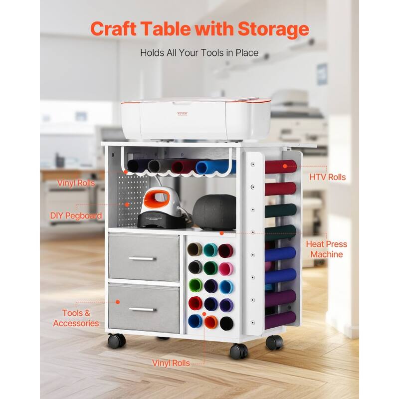 Rolling Craft Cart with 15 Vinyl Roll Holders and 2 Drawers, White - 23.62” x 26.46” x 30.43”