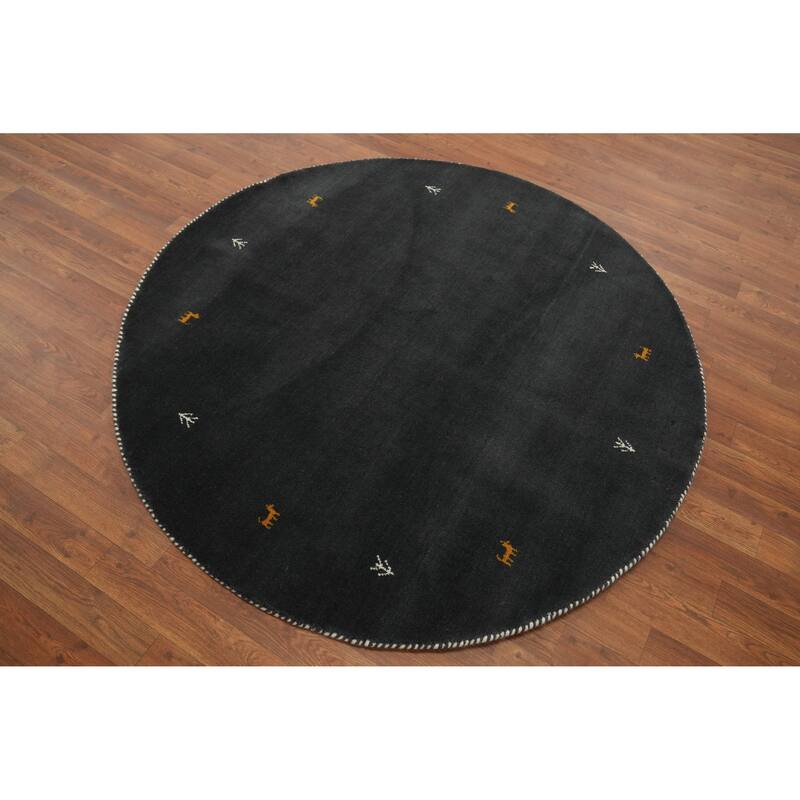 Tribal Gabbeh Oriental Round Rug, Hand-Knotted Black Wool Carpet - 4' 10'' X 4' 10''