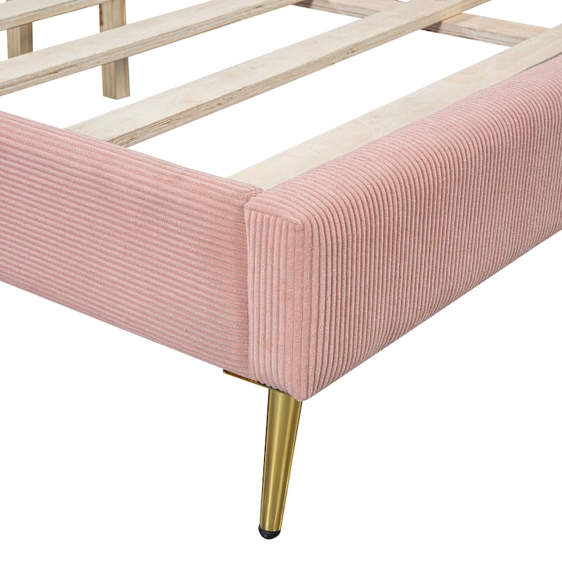 Queen Size Corduroy Platform Bed with Tufted Upholstered Headboard and Metal Legs