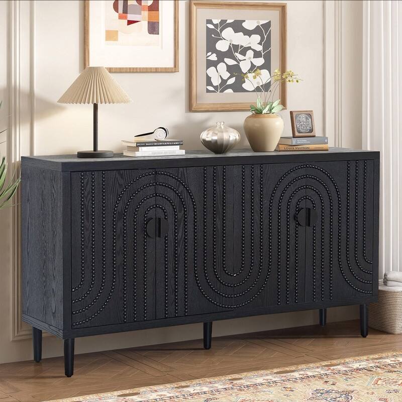 Wooden 59" Storage Sideboard Cabinet with Decorative Nailhead 4-Door for Kitchen Entryway and Living Room
