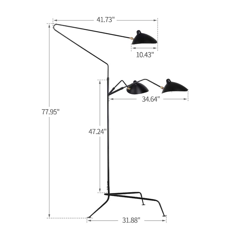 3 Swing Arm Contemporary Floor Lamp with Black Metal Shade