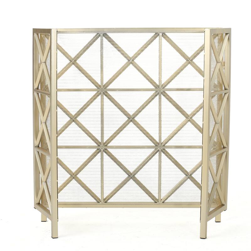 Roomfitters 3-Panel Fireplace Screen, Modern Geometric X-Pattern Metal Spark Guard for Hearth Safety, Folding Cover, Gold