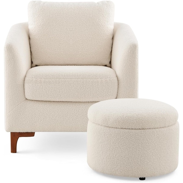Sherpa Accent Chair with Storage Ottoman Set, Upholstered Barrel