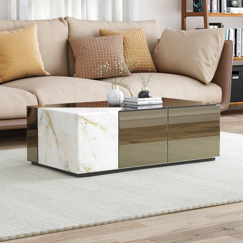 Mirrored Block Coffee Table With Unique Marble Patchwork Design - gray - MDF/Glass