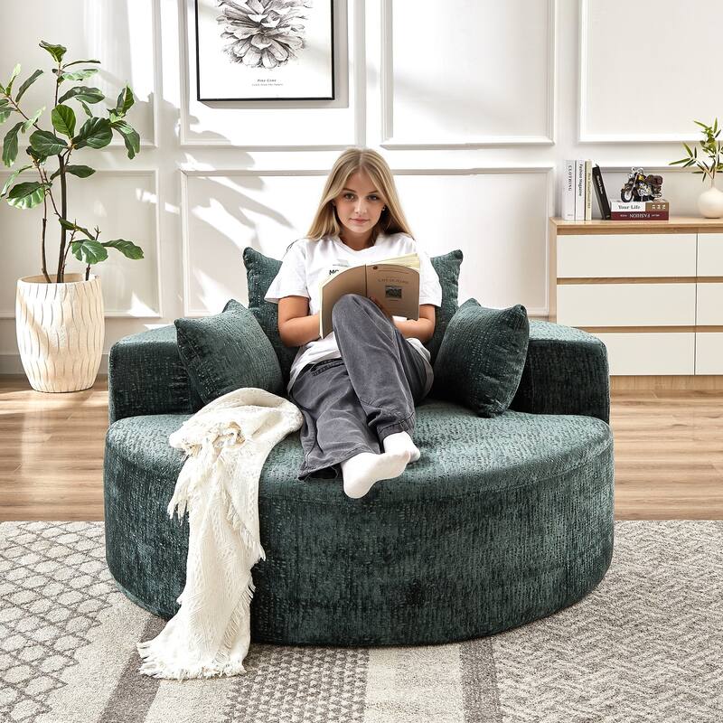 Green Round Chenille Single Sleeper Sofa with Backrest Pillow