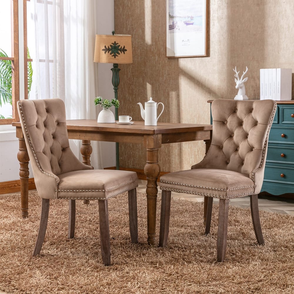 Velvet Dining Chairs Set of 2, Tufted Upholstered Side Chair, Dining Room Chair with Back Ring Pull Trim & Solid Wood Legs